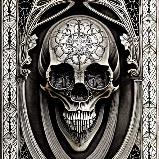 Image similar to art forms of nature by ernst haeckel, memento mori by arthur rackham, ornate antique porcelain beautiful skull mask, ultrasharp, photorealistic, hyperdetailed, octane render, polished, art nouveau, neo - gothic, gothic, intricate ornamental organic filigree, art nouveau botanicals, art forms of nature by ernst haeckel, horizontal symmetry, symbolist, visionary