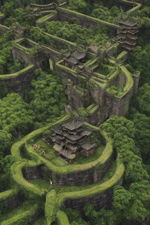 Image similar to giant ancient chinese castle in an forest with some ivy plants on the walls, by zhang zeduan, qiu ying, tang yin, cinematic, epic, dramatic lighting from above, dark, vines, fantasy, dust, unreal engine, octane, highly detailed, concept art, dark, super realistic