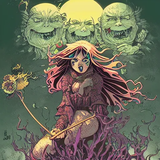 Image similar to the laughing witch, by yoichi hatakenaka, masamune shirow, josan gonzales and dan mumford