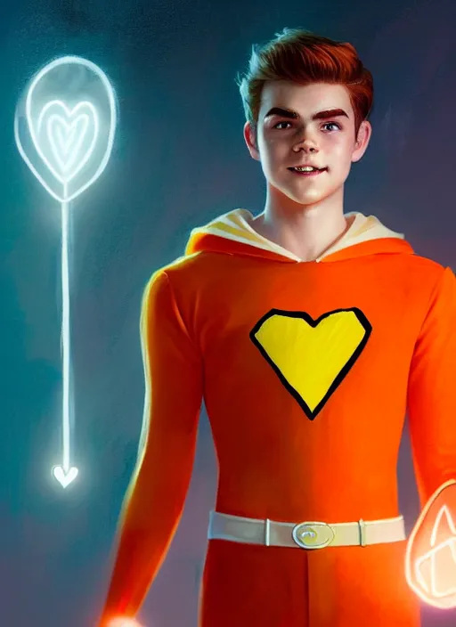 Image similar to kind teenage archie andrews wearing an orange superhero costume, superhero costume with heart emblem, cape, intricate, elegant, glowing lights, highly detailed, digital painting, artstation, sharp focus, illustration, art by wlop, mars ravelo and greg rutkowski