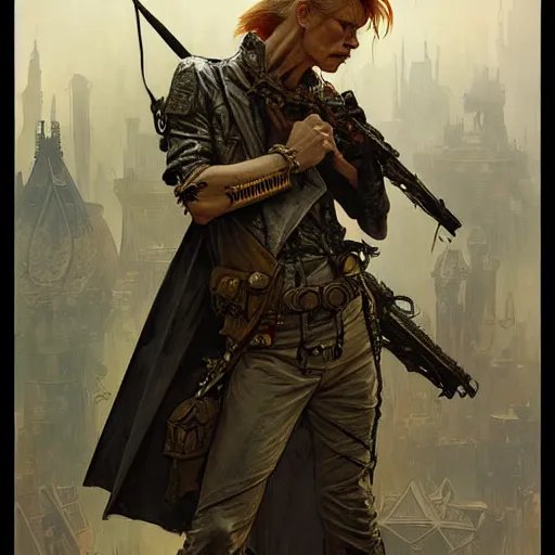 Image similar to post apocalyptic david bowie, fantasy, d & d, intricate, detailed, by by alphonse mucha, adolfo hohenstein, alice russell glenny, stanley artgerm lau, greg rutkowski, detailed, trending on artstation, trending on artstation, smooth