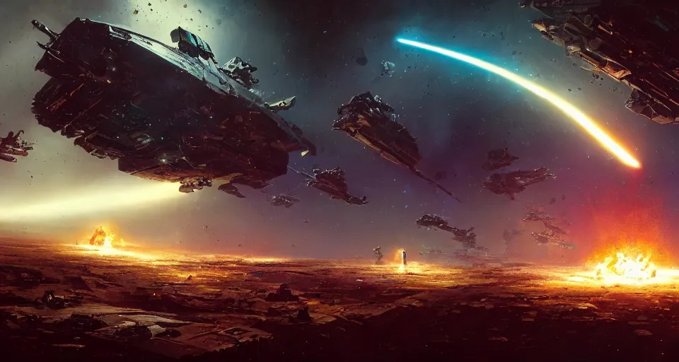 Image similar to Wide shot of a spaceship battle, explosions and lasers, burning wrecks. Asteroid belt. Scenic view, in the void of space, underexposed, matte painting by Craig mullins and Emmanuel_Shiu and john berkey, cinematic, dark sci-fi, concept art trending on artstation, 4k, insane details, ultra realistic
