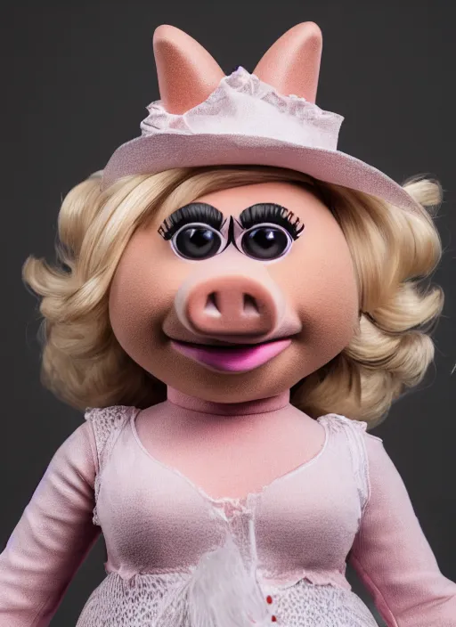 Image similar to portrait of ms. piggy as the plain doll from bloodborne, natural light, detailed face, canon eos c 3 0 0, ƒ 1. 8, 3 5 mm, 8 k, medium - format print, half body shot