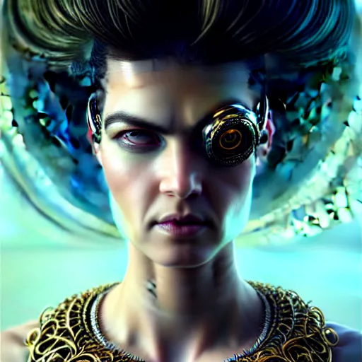 Image similar to woman with extremely large and intricate haircut with angry green eyes and slim features looking askance, eye cyberpunk bionics, retro futurist style, intricate, elegant gleaming intricate baroque jewelry, angelic halo, highly detailed, digital painting, artstation, concept art, smooth, sharp focus, illustration, art by wlop, mars ravelo and greg rutkowski,