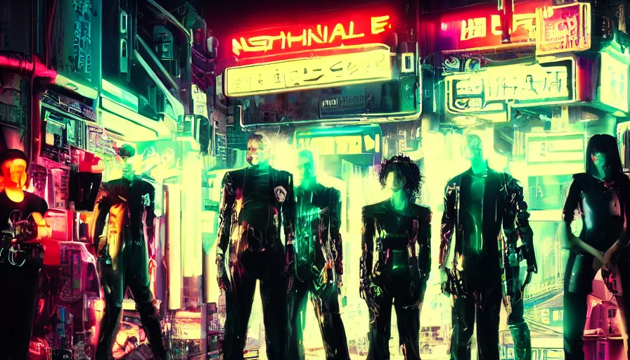 Image similar to ( ( ( sci - fi mafia ) ) ) futuristic half musician half cyborg cyberpunk neopunk horror electronic rock band photo, five people, dressed like cyberpunk horror characters, neon signs, futuristic buildings in the background, tokyo at night, photographic quality, hyper - realistic, daylight, medium format uhd style, fifth element by jean - luc goddard