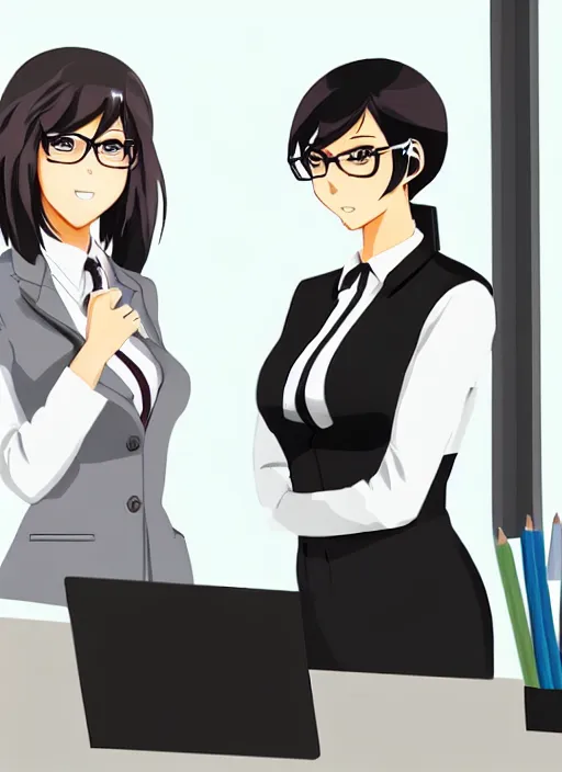 Image similar to two beautiful office ladies talking at work, gorgeous faces, thick lines, cinematic lighting, detailed anime art