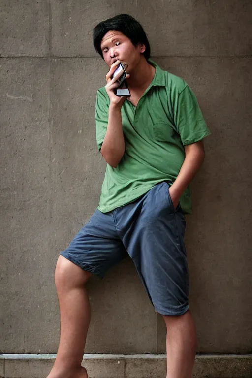 Image similar to Full-length portrait of a handsome!! young pregnant!! male on the streets of Hong Kong, with a big round belly, talking on his phone, wearing shorts, 2008, ultra detailed photograph, photographed by Annie Leibovitz and Steve McCurry