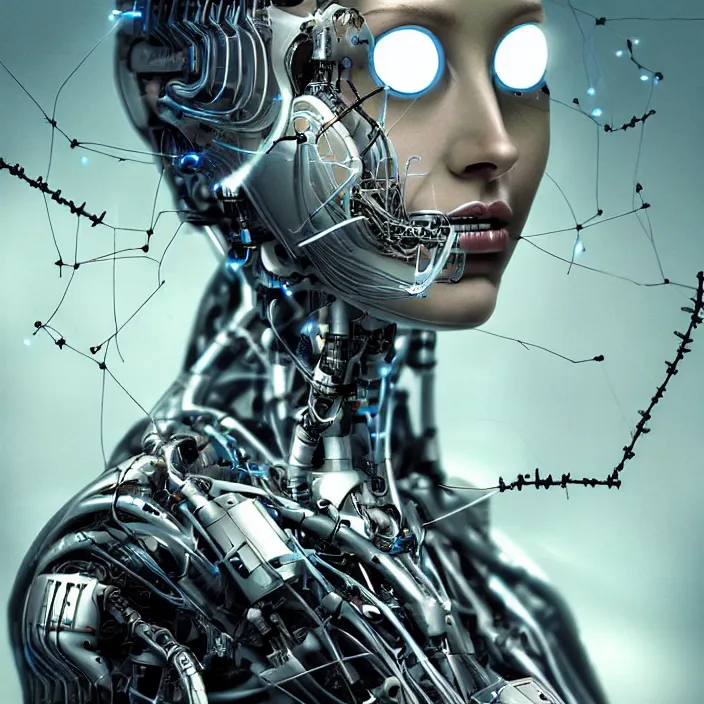 Prompt: a female cyborg robot, artificial intelligence, portrait, sci - fi theme, dystopian landscape, connected to nature via vines, branches, wires, technology, highly detailed, hyper - realistic, futuristic