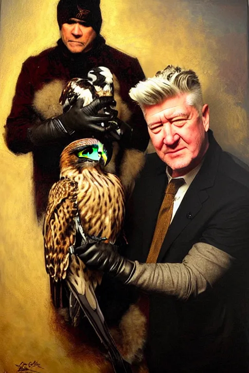 Image similar to david lynch with falconers glove, holding falcon painting by gaston bussiere, craig mullins