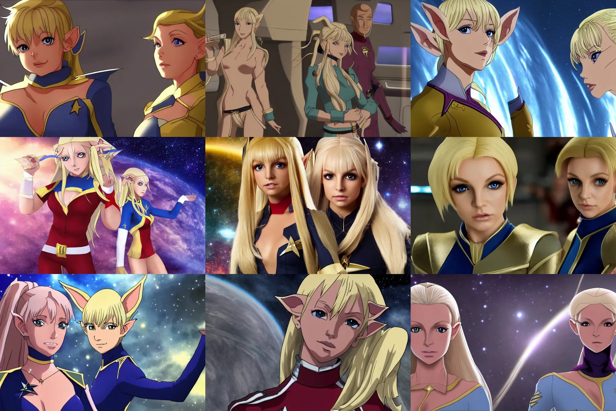 Prompt: 4K anime video of young attractive high-fantasy elf (played by Britney Spears) in a Starfleet uniform in Star Trek, scene where she is on Deep Space Nine, photorealistic, soft light, cinematic lighting, sharp, camera