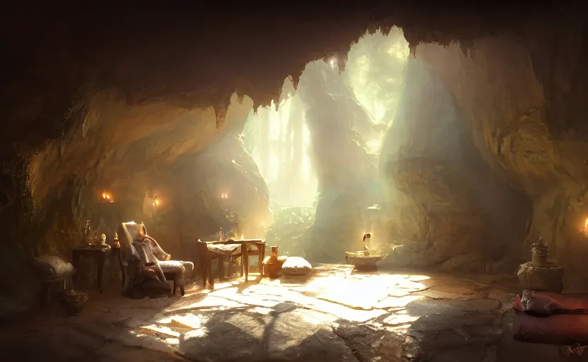 Image similar to painting of an interior of a cozy bedroom in a cave, small hot spring and lush garden outside, natural light, fantasy, natural light, concept art, by greg rutkowski and craig mullins, cozy atmospheric and cinematic lighting, trending on artstation