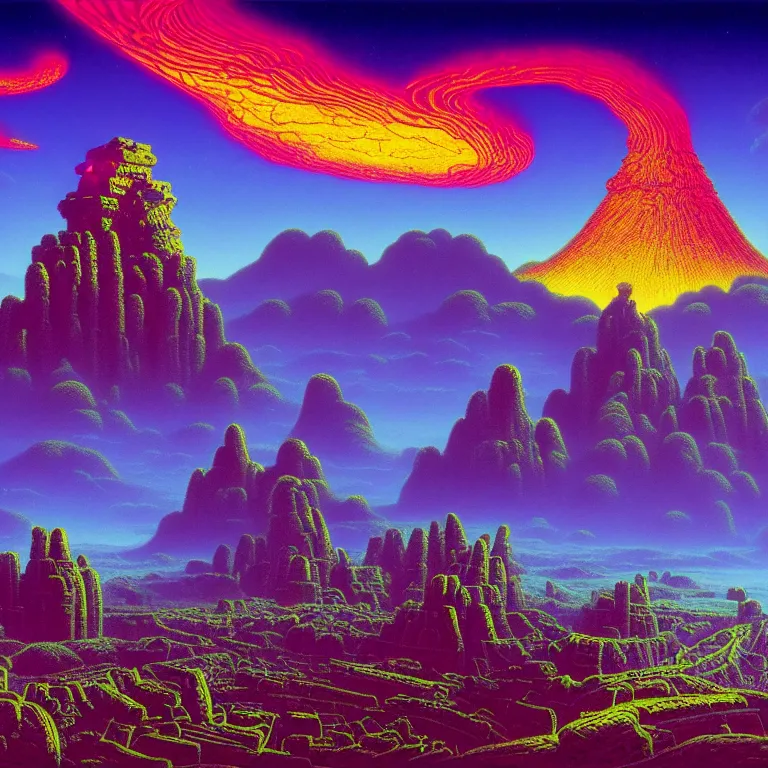 Image similar to ancient stone monuments over sprawling mysterious town, volcano valley, infinite sky, ( ( ( synthwave ) ) ), bright neon colors, highly detailed, cinematic, tim white, michael whelan, roger dean, bob eggleton, philippe druillet, vladimir kush, kubrick, haeckel, alfred kelsner