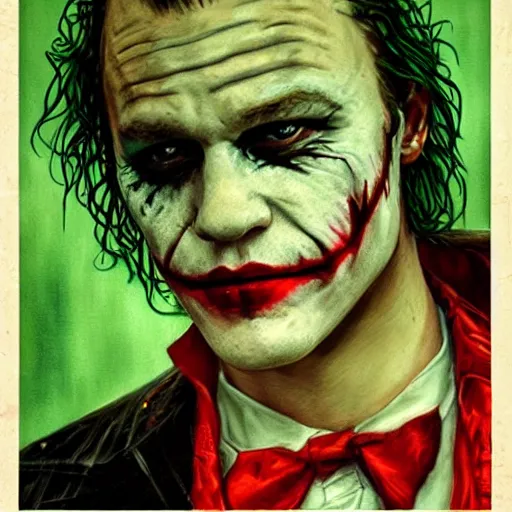 Image similar to cinematic portrait of heath ledger as the joker, perfect face, neon rain, moody, elegant, by alyssa monks, highly detailed, symmetrical face, fine details, masterpiece, trending on artstation