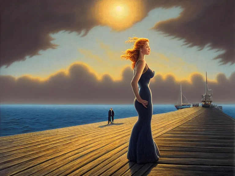 Prompt: a fancy beautiful woman standing on a wharf at the edge of a cold sea by rob gonsalves and vladimir kush and ruth deckard and gil elvgren and harry ekman and george petty and hilo chen, crisp details, hyperrealism, high detail, high contrast, low light, grey mist, cobblestones, dim lantern