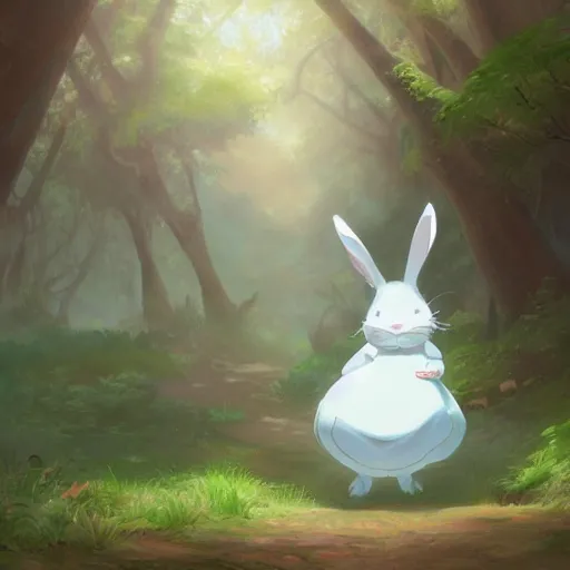 Image similar to concept art painting of a chubby white rabbit wearing a turquoise dress, in the deep forest, realistic, detailed, cel shaded, in the style of makoto shinkai and greg rutkowski and james gurney