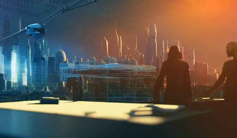 Image similar to group of people in simple warehouse, looking at hologram of futuristic city on a table, cinematic concept art, godrays, golden hour, natural sunlight, 4 k, clear details, tabletop model buildings, center model buildings, hologram center, crane shot, crane shot, crane shot