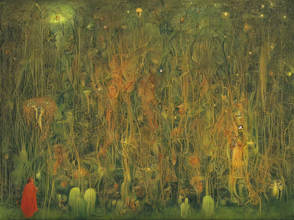 Image similar to botanist in white beekeeper suit lost among the carnivorous plants with fireflies and devil creatures. painting by mikalojus konstantinas ciurlionis, bosch, max ernst, agnes pelton, rene magritte