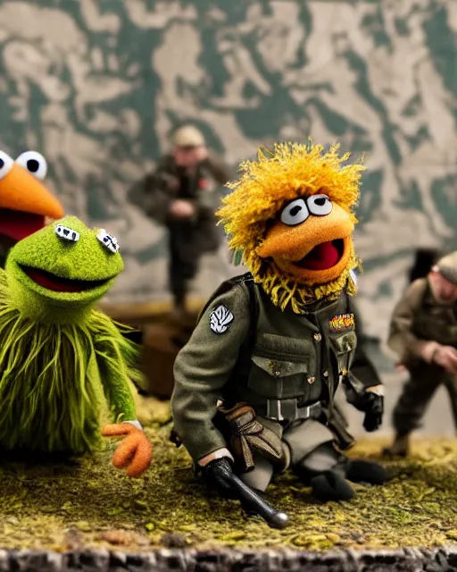 Image similar to high quality presentation photo of a detailed miniature diorama muppets in wwii, photography 4k, f1.8 anamorphic, bokeh, 4k, Canon, Nikon