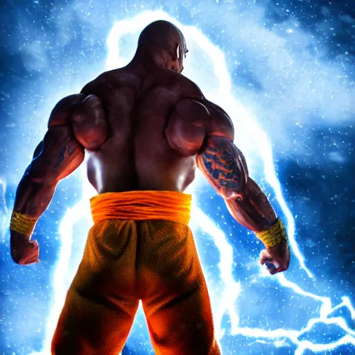 Image similar to photorealistic full shot of Dwayne Johnson as a warrior style goku super saiyan at moonlight, snowing, lightning bolt, high detail, unreal engine 4k volumetric light, fog,