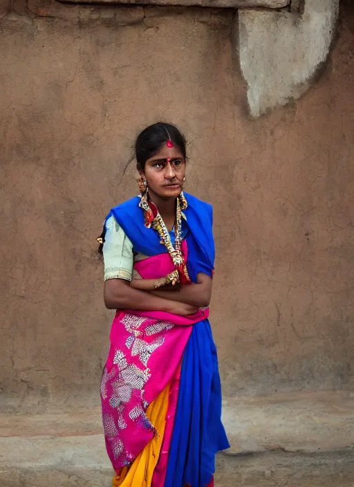 Image similar to color Mid-shot portrait of a beautiful 20-year-old woman from India in her traditional get-up, candid street portrait in the style of Mario Testino award winning, Sony a7R