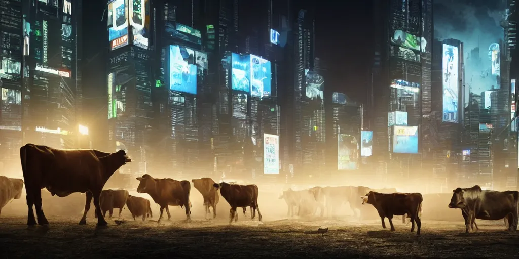 Prompt: herd of cows in cyberpunk city night, ultrafine highly detailed hyper illustration, sharp focus, unreal engine highly rendered, global illumination, radiant light, subtle light fog