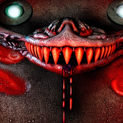 Image similar to realistic, wet humanoid alien, long textured tongue, dripping acid saliva, smoke, mouth in mouth, 8 alien eyes, metallic fangs, thin red veins, grey snake scale skin, cinematic light shadows, slimy reflections, crawling in a sewer pipe, flashlight lighting, insanely detailed