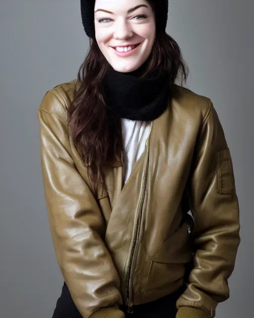 Image similar to headshot of a smiling, stoya, she is wearing a leather bomber cap on her head, she is also wearing an a 2 flight jacket, a long green wool scarf is wrapped around her neck