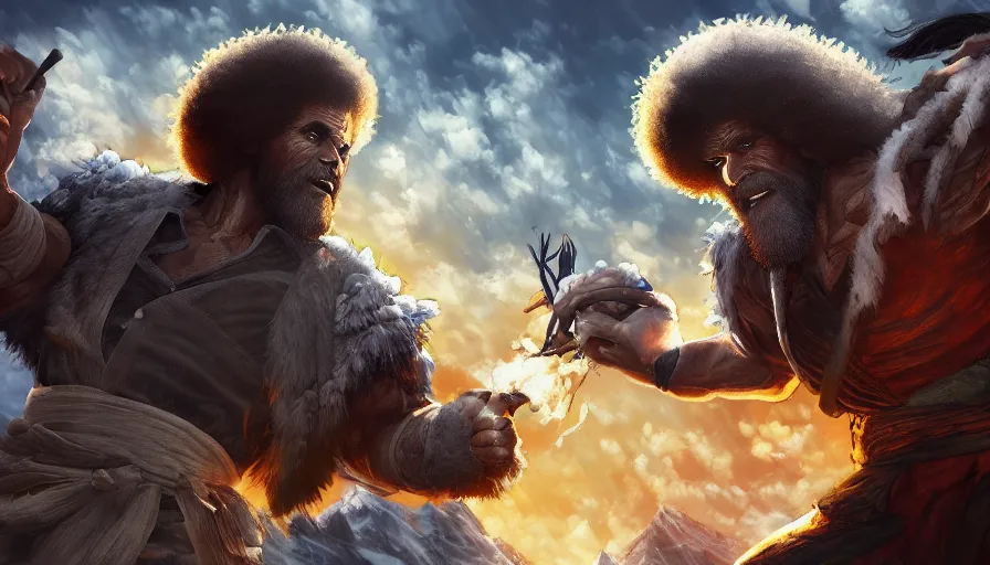 Image similar to Bob Ross in Mortal Kombat, hyperdetailed, artstation, cgsociety, 8k