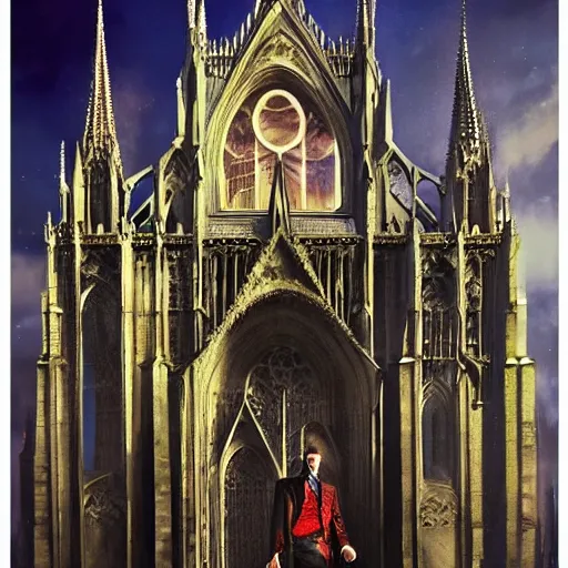 Image similar to Hyperrealistic Count Dracula playing a Gibson electric guitar in front of a gothic cathedral, by Antonio Caparo, Ferdinand Knab, Greg Rutkowski, Amano, and Karol Bak UHD, vivid colors, photorealistic trending on artstation