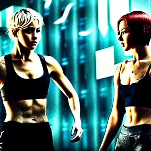 Image similar to julianne hough and jennifer lawrence fighting by ridley scott, secret agents, wearing black shorts, wearing black boots, wearing a cropped tops, blade runner, highly detailed, action movie poster, intense, sharp focus, cyberpunk, hq