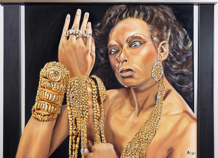 Image similar to painting of a female wearing hundreds of gold and platinum rings, by alex petruk