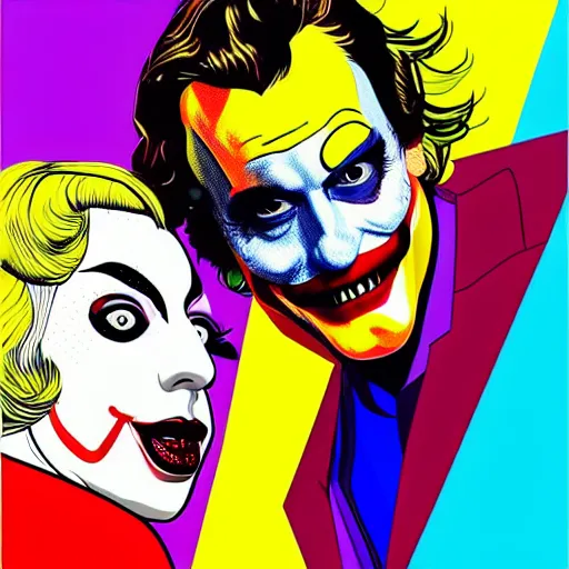 Image similar to richard hamilton and mimmo rottela as lady gaga harley queen and joaquin phoenix joker couple, pop art, 2 color, left align, object details, dynamic composition, 4 k, ultra realistic art, smooth, sharp focus, illustration, concept art, intricate details, h 7 6 8