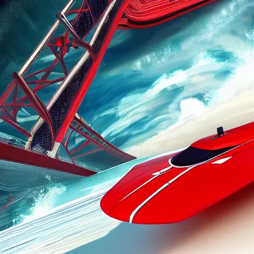 Prompt: concpet art featuring a futuristic red racing speedboat designed in the style of ferrari racing under the golden gate bridge. fine detail. surf. this 4 k hd image is trending on artstation, featured on behance, well - rendered, extra crisp, features intricate detail, epic composition and the style of unreal engine.