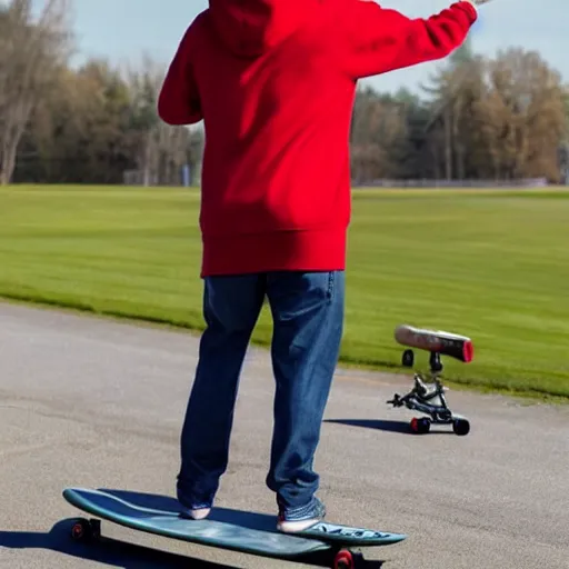 Image similar to Joe Biden wearing a backwards red baseball hat, a red hoodie, and slinging a skate board over his shoulder. How do you do, fellow kids?