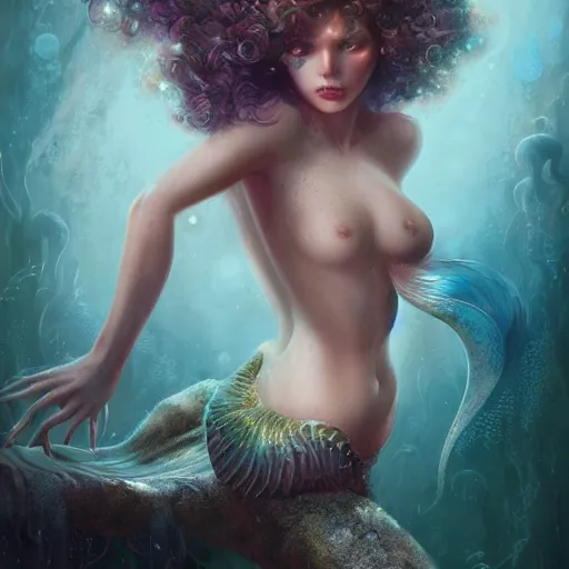 Prompt: beautiful mermaid with curly hair, magical details, magical atmosphere, cinematic lighting, hyper - detailed, cgsociety, 3 - d 8 k, high resolution, in the style of charlie bowater, tom bagshaw, alexis franklin, elena masci, pawel rebisz