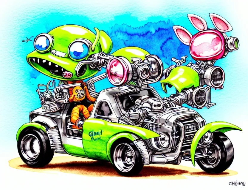 Image similar to cute and funny, gizmo wearing a helmet riding in a hot rod with oversize engine, ratfink style by ed roth, centered award winning watercolor pen illustration, isometric illustration by chihiro iwasaki, edited by range murata, tiny details by artgerm and watercolor girl, symmetrically isometrically centered
