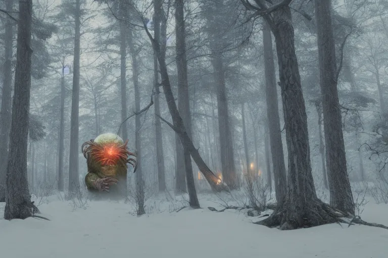 Image similar to creepy eldritch monster in a swedish forest in the winter, very low angle photograph, very detailed, trending on artstation, realistic, soft colors, simon stålenhag, lovecraft, horror