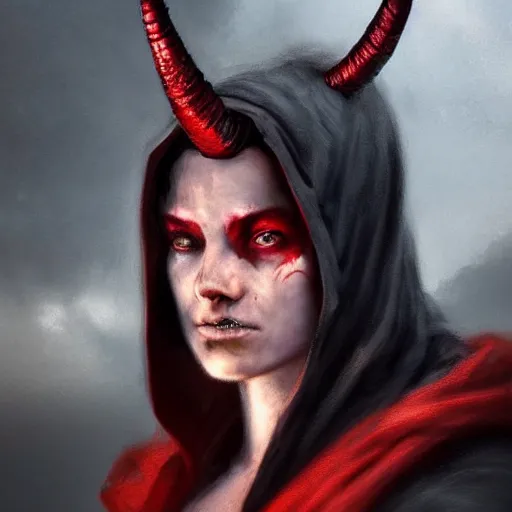 Image similar to masterpiece portrait of a clothed hooded surly and resentful female tiefling thief with red skin black sclera and horns under the hood, by Greg Rutkowski, as seen on ArtStation, 4k, dungeons and dragons, very aesthetic, very detailed, intricate, unreal, fantasy, dramatic, painterly, artstation, sharp focus, smooth