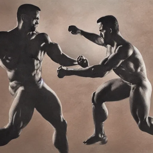 Image similar to two muscular men fighting over the last sandwich on earth, photorealistic