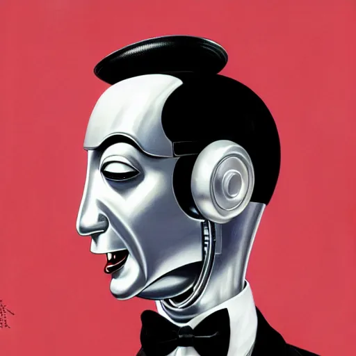 Prompt: Portrait of pee-wee herman as a chrome robot, black hair, highly detailed, digital painting, artstation, concept art, illustration, art by syd mead and hajime sorayama