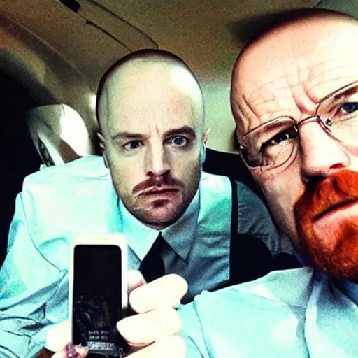 Prompt: walter white doing a selfie with jesse pinkman, realistic