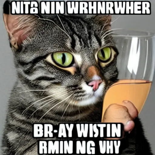 Prompt: meme of a cat drinking wine