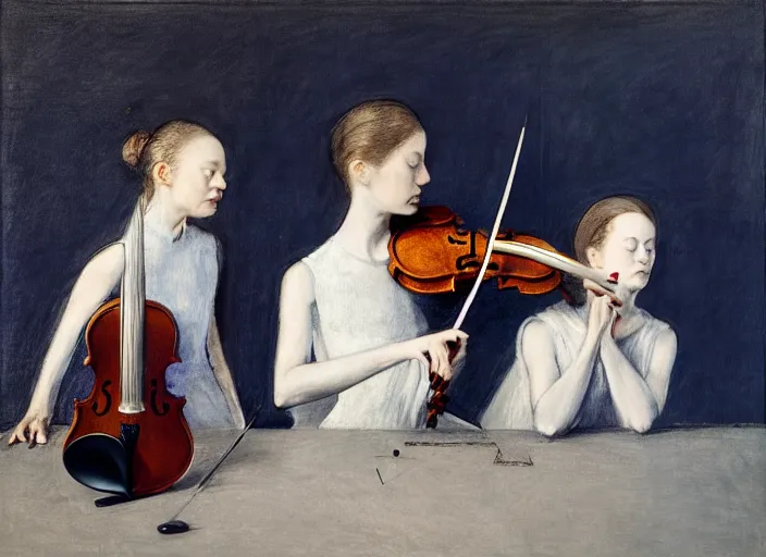 Prompt: two young violin players getting ready to perform, francis bacon and pat steir and hilma af klint and james jean, psychological, photorealistic, intriguing details, rendered in octane, altermodern