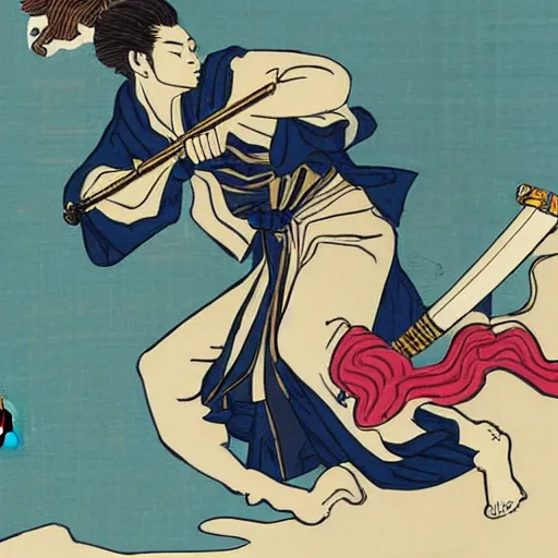 Image similar to Harry Styles fighting Beyoncé with a katana sword, in the style of Hokusai