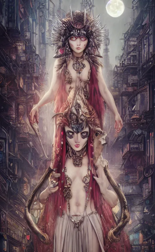 Image similar to hyper realistic Princess Mononoke, ornate mask magic, wet market street, cyberpunk metropolis, city landscape, jewels, full body pose, full moon, style of tom bagshaw, mucha, james gurney, norman rockwell, denoised, sharp