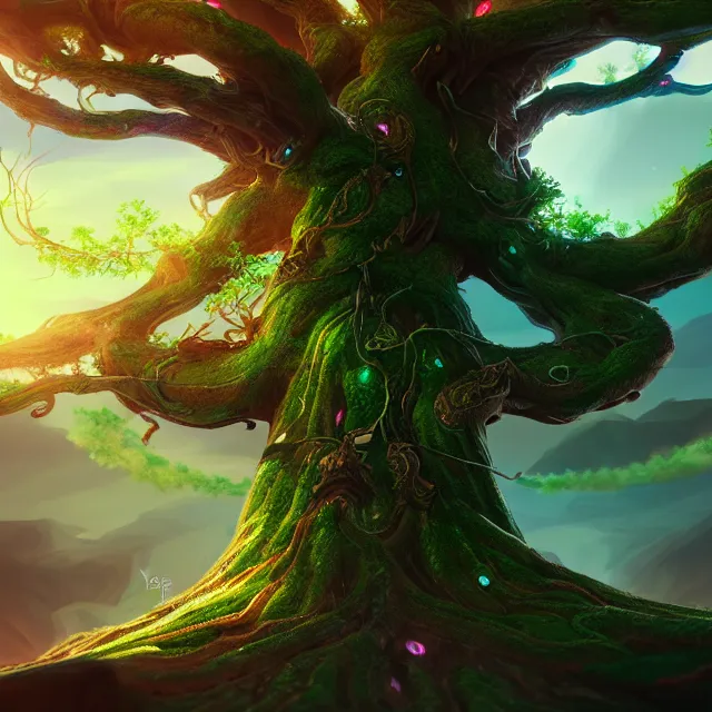 Prompt: epic professional digital art of Yggdrasil , best on artstation, breathtaking, epic, stunning, gorgeous, much detail, much wow, cgsociety, wlop, pixiv, behance, deviantart, masterpiece, UHD, 8K