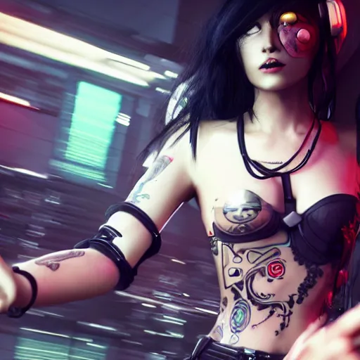 Prompt: a woman with long black hair and a tattoo on her arm, cyberpunk art by du jin, cgsociety, retrofuturism, movie still, playstation 5 screenshot, futuristic