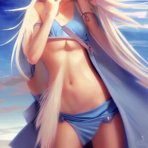 Prompt: a very beautiful young anime jedi girl, full body, long wavy blond hair, sky blue eyes, full round face, evil grin, bikini, miniskirt, front view, mid - shot, highly detailed, cinematic wallpaper by stanley artgerm lau