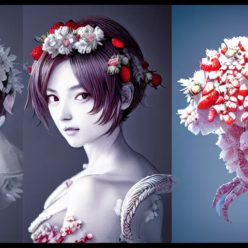 Image similar to the portrait of an absurdly beautiful, graceful, elegant, sophisticated, fashionable young gravure idol made of strawberries and white petals, an ultrafine hyperdetailed illustration by kim jung gi, irakli nadar, intricate linework, bright colors, octopath traveler, final fantasy, unreal engine 5 highly rendered, global illumination, radiant light, detailed and intricate environment