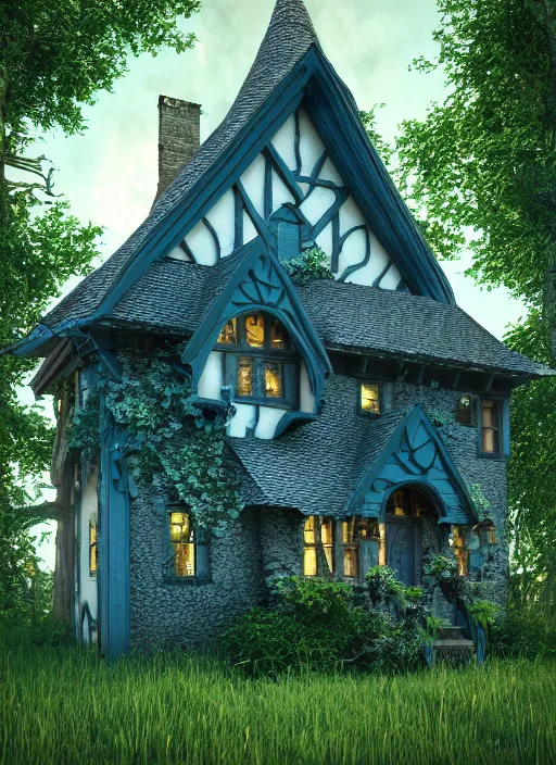 Image similar to hyper realistic homely ornate witch cottage architectural, in the woods gorgeous lighting, blue sky, highly detailed, lush forest architectural render, octane render, ue 5 raytraced